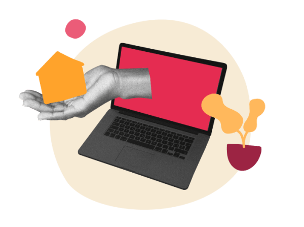 hand holding house model, laptop with colorful background and potted plants representing digital real estate concept