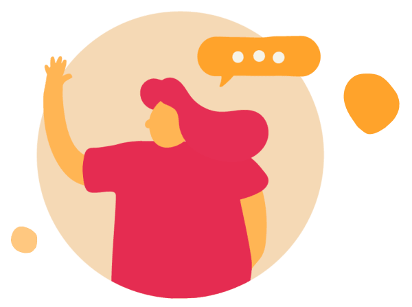 colorful illustration of a woman waving with text bubble, woman with pink hair and casual attire in a circular background
