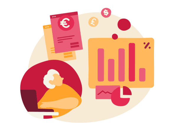 woman working on laptop, charts and financial documents illustrating data analysis