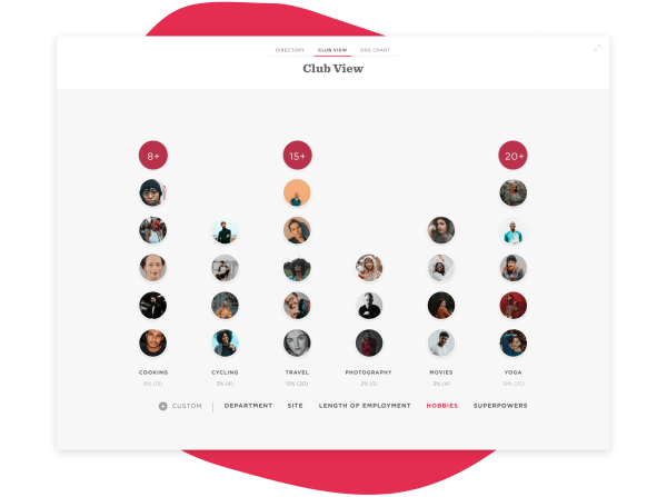 hobby categories chart with user photos, showing engagement in cooking, cycling, travel, photography, movies, yoga, club view user hobbies analysis