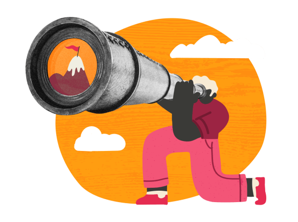 telescope, exploration, mountain_view, person, illustration