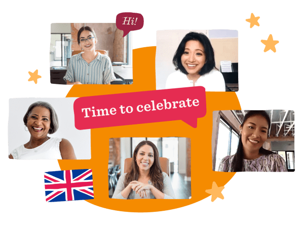 diverse women celebrating, collage of smiling faces with speech bubbles and a UK flag