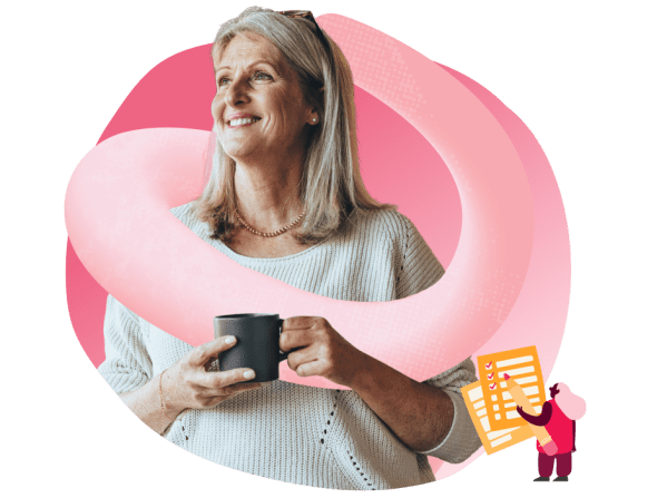 smiling woman with coffee cup in hand against pink abstract background, illustration of checklist symbolizes organization and productivity