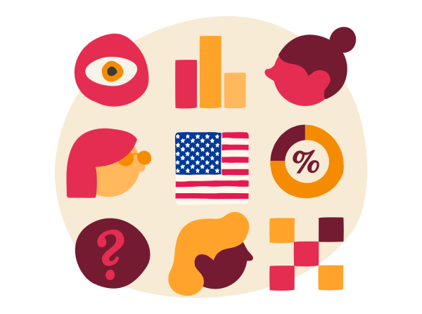 illustrative icons representing data analysis, U.S. flag, gender diversity, and questioning in a light-colored background, data visualization, diversity, and inquiry represented through stylized graphic elements