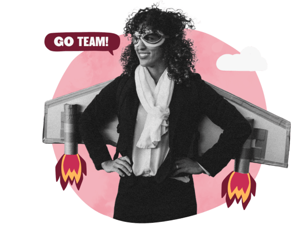 woman in business attire with rocket wings, encouraging teamwork with 