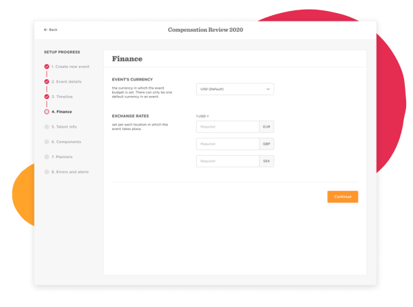 finance setup page, currency selection and exchange rates for event budgeting