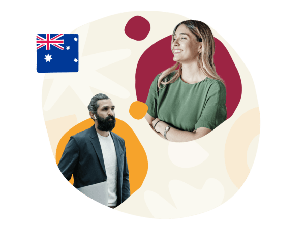 business professionals, Australia flag and diverse individuals with modern attire and a creative background