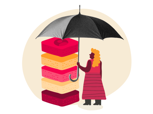 woman with umbrella standing near colorful layered dessert, illustration of stacked sweets emphasizing vibrant colors
