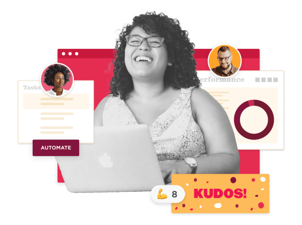 happy woman working on a laptop with performance metrics, automated tasks, and kudos displayed visually, digital workspace, productivity tools