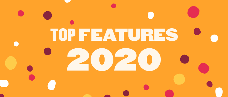 top features 2020 with colorful dots on an orange background, colorful design elements with bold typography