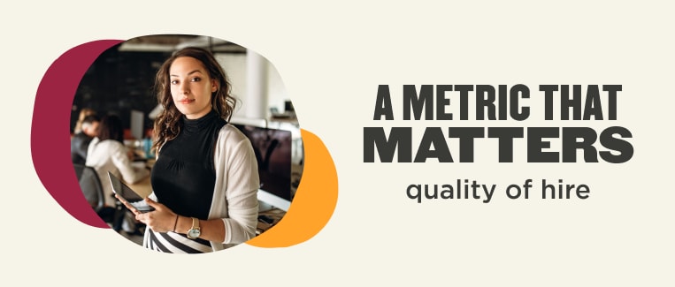 quality of hire graphic with a focused woman in an office setting, emphasizing metrics that matter, professional female worker in modern workspace