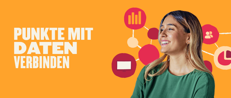 Punkte mit Daten verbinden, orange Hintergrund, lächelnde Frau, grafische Datensymbole und Diagramme., Datenvisualisierung, Teamwork