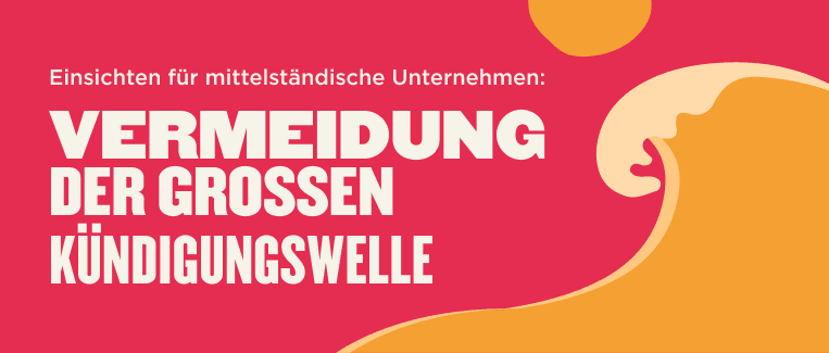 Vermeidung der großen Kündigungswelle in Firmen: Insights für mittelständische Unternehmen., Grafik mit leuchtend rotem Hintergrund, gelben und weißen Designelementen