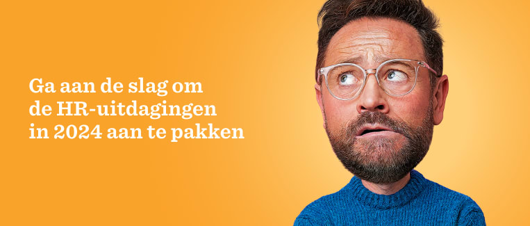 HR challenges 2024, cartoon character with glasses, questioning expression, orange background, engaging design for marketing. hr-challenges-2024, cartoon-character-with-glasses