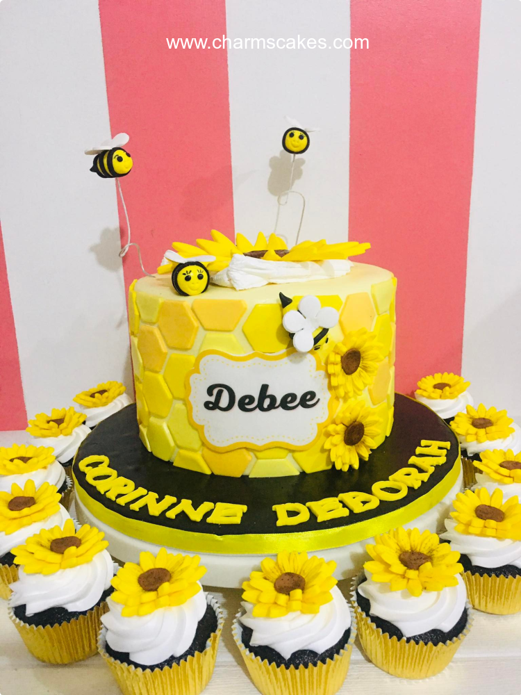 Cute Sunflower & Bees Flowers Custom Cake