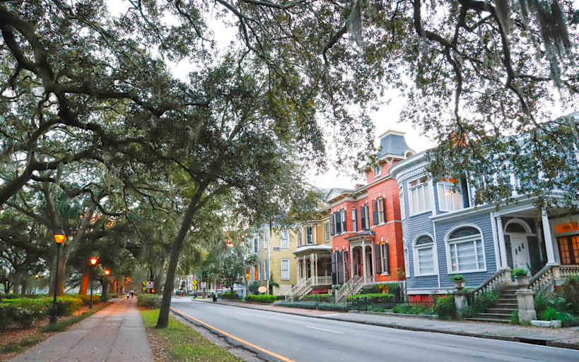 A residential street in downtown Savannah, Georgia