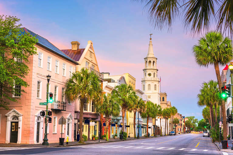 Charleston, South Carolina, in the French Quarter at twilight.