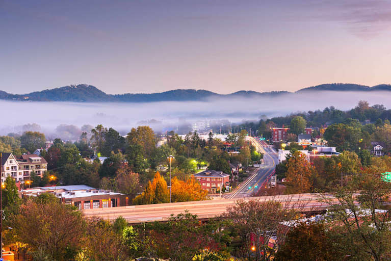 Downtown Asheville, North Carolina, at dusk.