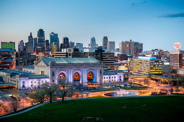 Union Station in downtown Kansas City, Missouri, at dusk.