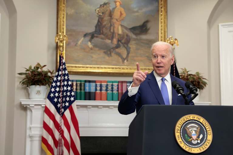 U.S. President Joe Biden gestures as he gives remarks on providing additional support to Ukraine’s war efforts against Russia from the Roosevelt Room of the White House