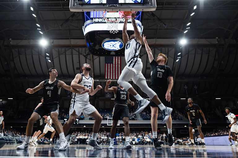 Butler Bulldogs forward Bryce Nze (10) scores inside during the mens college basketball game between the Butler Bulldogs and University of Indianapolis Greyhounds