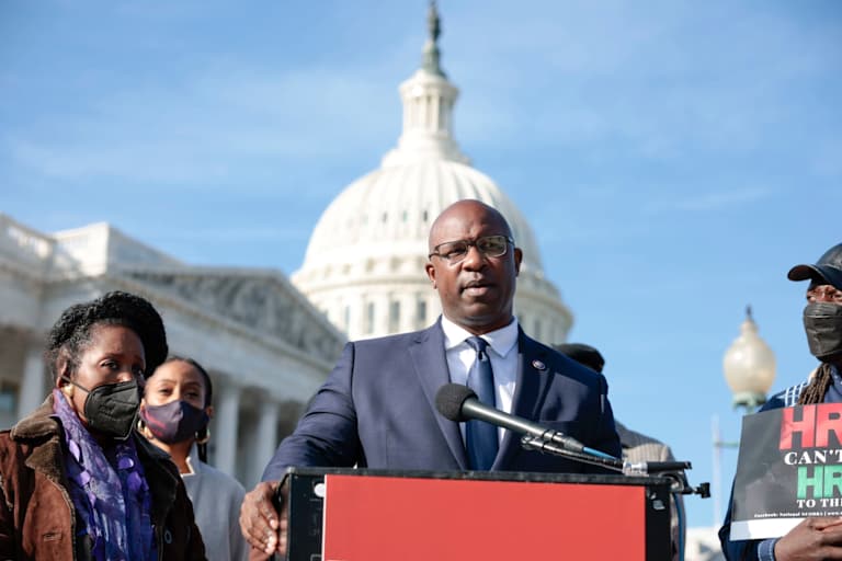 Rep. Jamaal Bowman (D-NY) speaks at a press conference on H.R. 40 legislation as Rep. Sheila Jackson Lee (D-TX) looks on on Capitol Hill