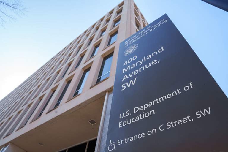Taken in Washington, D.C. on February 9th, 2024, The US Department of Education sign marks the entrance to the federal building housing the agency's headquarters.