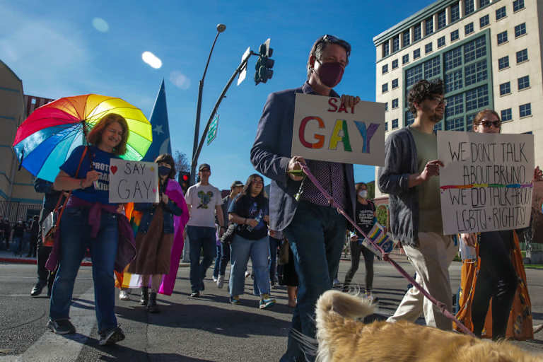 LGBTQ employees and allies walk out of Disney Animation in Burbank, California, protesting CEO Bob Chapek's handling of Florida's "Don't Say Gay" bill.