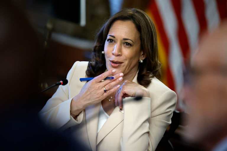 WASHINGTON, DC - AUGUST 08: U.S. Vice President Kamala Harris uses American Sign Language to thank Gallaudet University President Roberta Cordano after she addressed a roundtable with fellow university and college leaders about what students face after the overturning of Roe v. Wade in Harris' ceremonial office in the Eisenhower Executive Office Building on August 08, 2022 in Washington, DC. Along with Education Secretary Miguel Cardona, Harris heard about the complex set of challenges that administrators, faculty and health care providers are facing to protect the health and well-being of students.