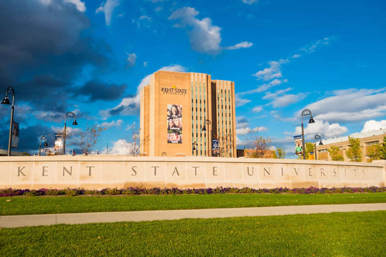 Kent, USA - September 21, 2014: Kent State University campus with the library building in Kent, Ohio.