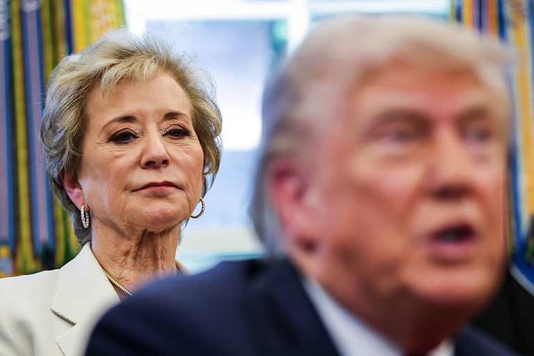 Linda McMahon, US education secretary, left, and US President Donald Trump, during an executive order signing in the Oval Office of the White House