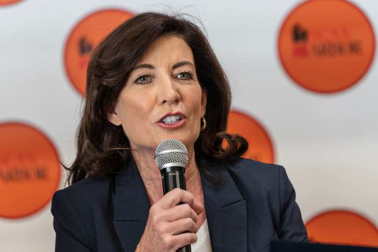 New York Governor Kathy Hochul speaking at a campaign event at the Johnson Houses Community Center in New York.