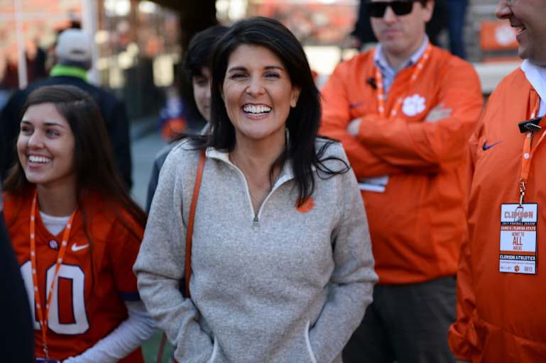 Nikki Haley walks onto the field during pre-game between the Clemson Tigers and the Florida State Seminoles