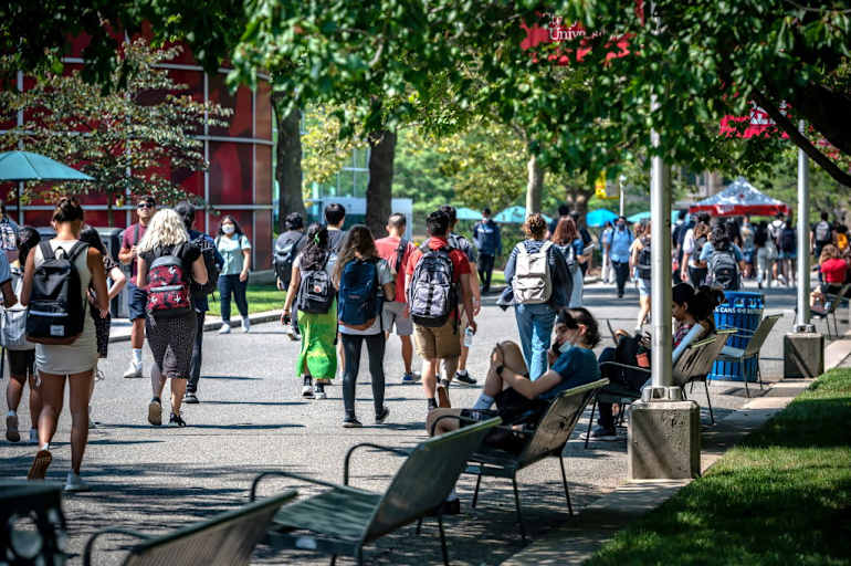 Taken in Stony Brook, N.Y. Students walk to classes on the campus at Stony Brook University in Stony Brook, New York on August 26, 2021.