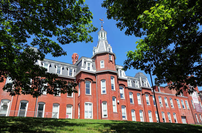 Daytime view of Washburn Shops, where WPI's first hands-on classrooms and laboratories were built in the 19th century