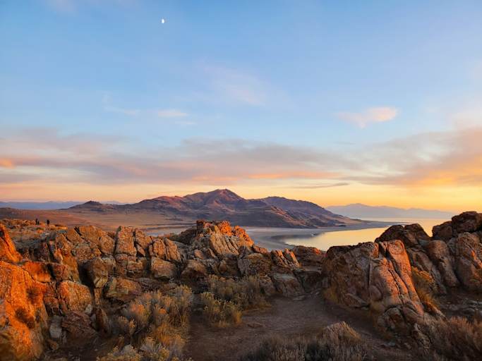 Sunset over Antelope Island at the Great Salt Lake in Utah.