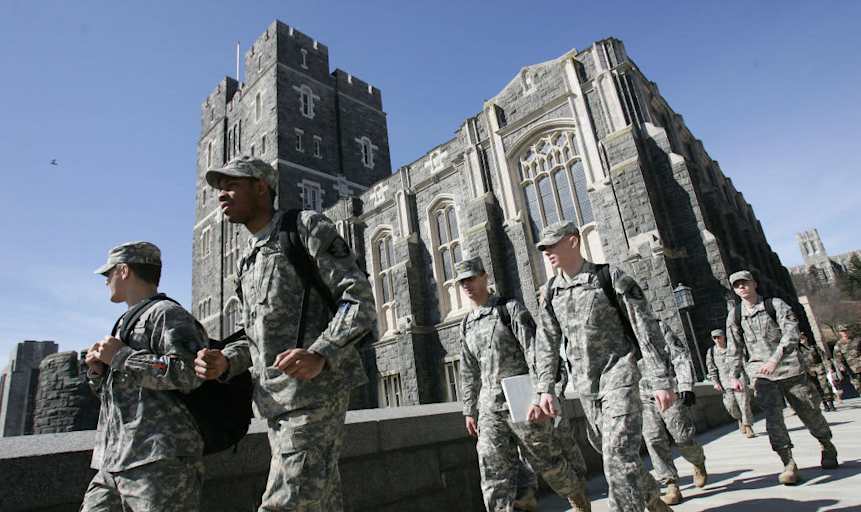 US Army cadets make their way through campus at the United States Military Academy in West Point, New York.
