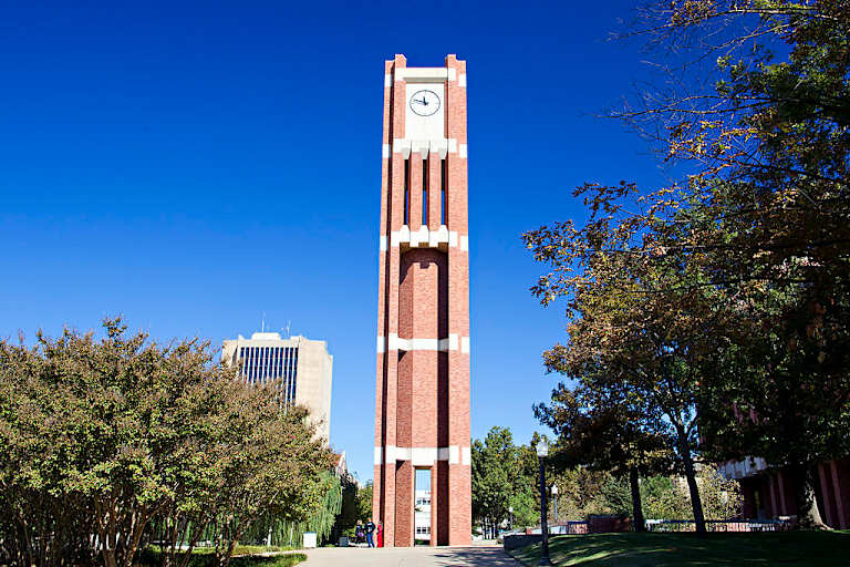 Clock tower in front of Bizzell Memorial Library on the University of Oklahoma campus in Norman.