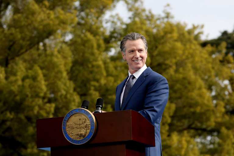 Governor Gavin Newsom gives the inaugural address after being sworn in at his inauguration ceremony on January 6, 2023 in Sacramento, California.