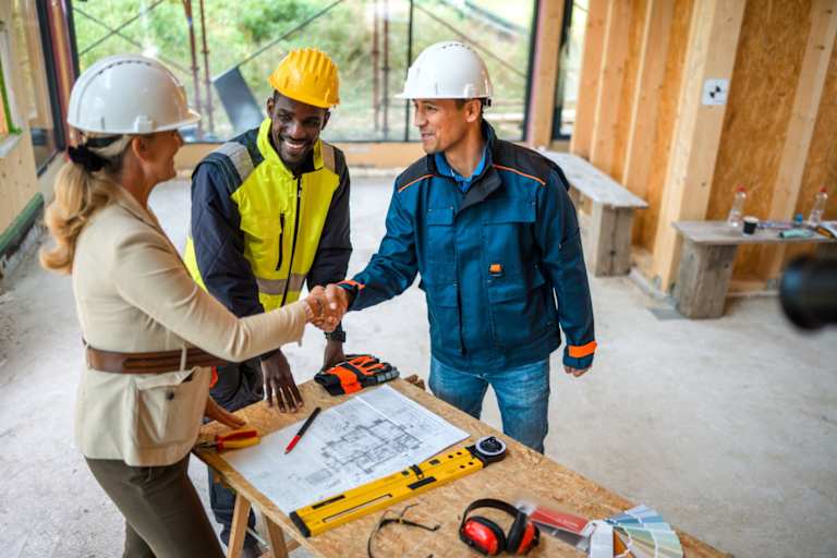 Two construction managers meeting with a planner to discuss progress on the development of a new residential housing project. They are shaking hands at the construction site.