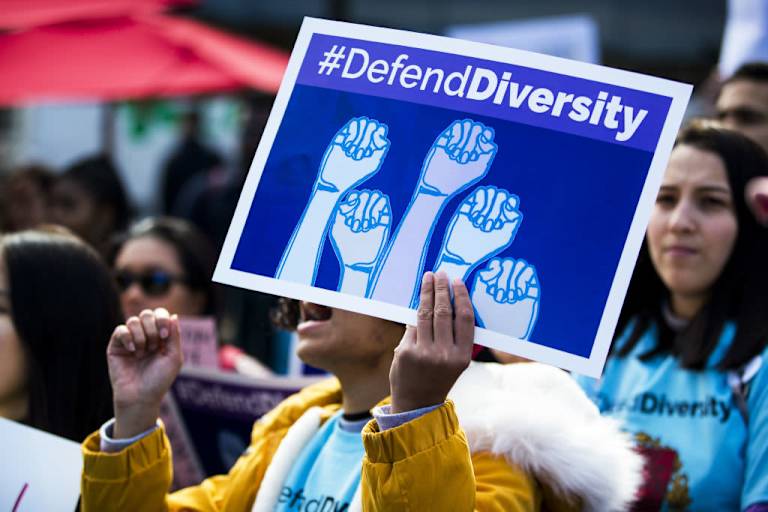 A demonstrator supporting Harvard University's admission process holds a sign that reads "Defend Diversity" during a protest
