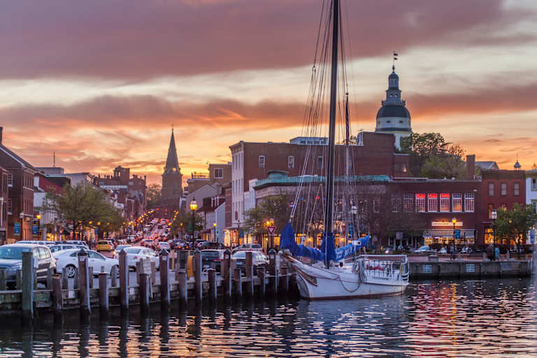 Sunset over the harbor in downtown Annapolis, Maryland.