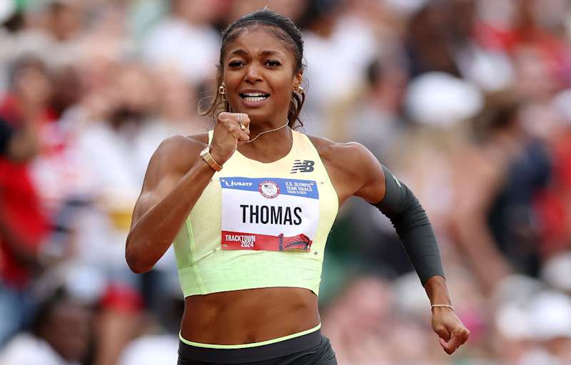 Runner Gabby Thomas (a Harvard University graduate) races to the finish in the women's 200 meter sprint final at the 2024 US Olympic Team Track & Field Trials on June 29, 2024 in Eugene, Oregon.