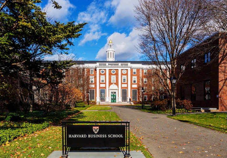 Exterior of the Harvard Business School on the Harvard campus in Boston, Massachusetts. It includes the Baker Library, built in 1927, and the Bloomberg Center, completed in 2005. Named to honor William H. Bloomberg, the late father of NYC former mayor Michael Bloomberg.