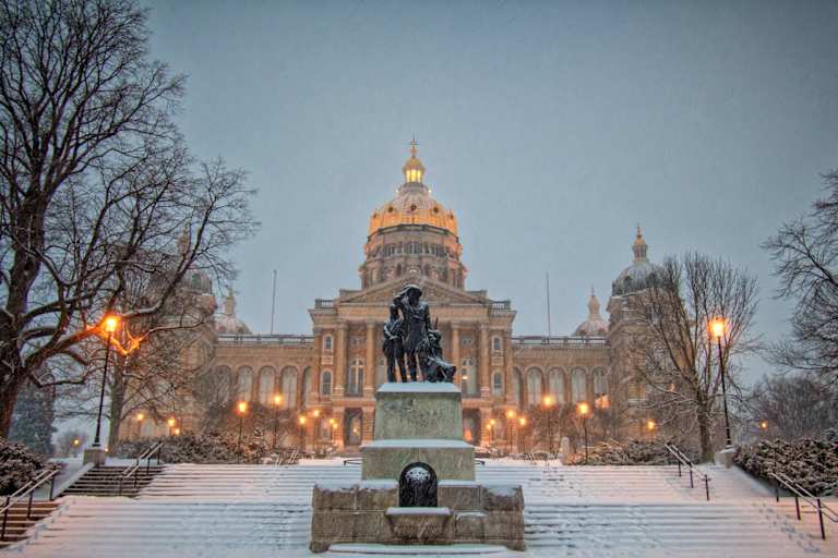 Iowa Capitol In Evening Snowfall