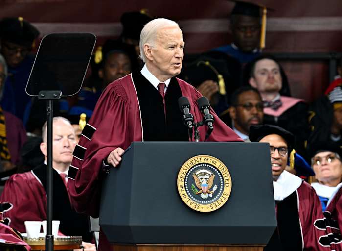 US President Joe Biden speaks onstage during the 2024 Morehouse College Commencement Ceremony on May 19, 2024 in Atlanta, Georgia.