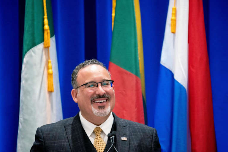 US Secretary of Education Miguel Cardona speaks during the 2023 International Summit on the Teaching Profession in Washington, DC.