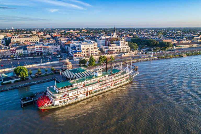 The Natchez river boat docked on the Mississippi River in New Orleans' French quarter in Louisiana.