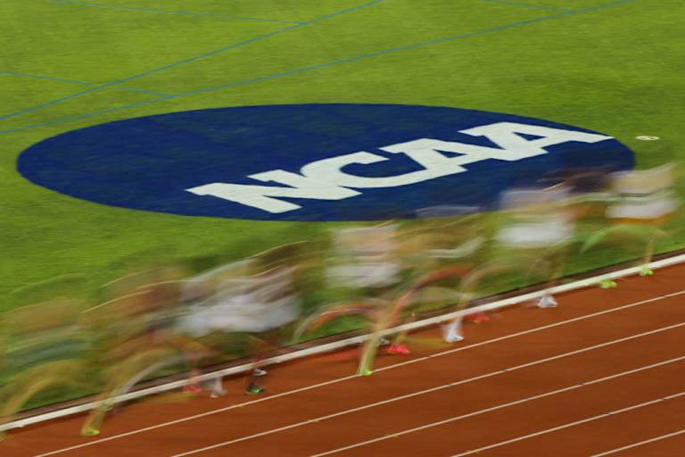 The NCAA Logo is shown as athletes competes in the men's 10000 meter run during the Division I Men's and Women's Outdoor Track & Field Championship on June 7, 2023 in Austin, Texas.
