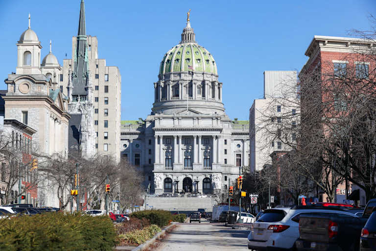 Exterior of the Pennsylvania State Capitol building in downtown Harrisburg.